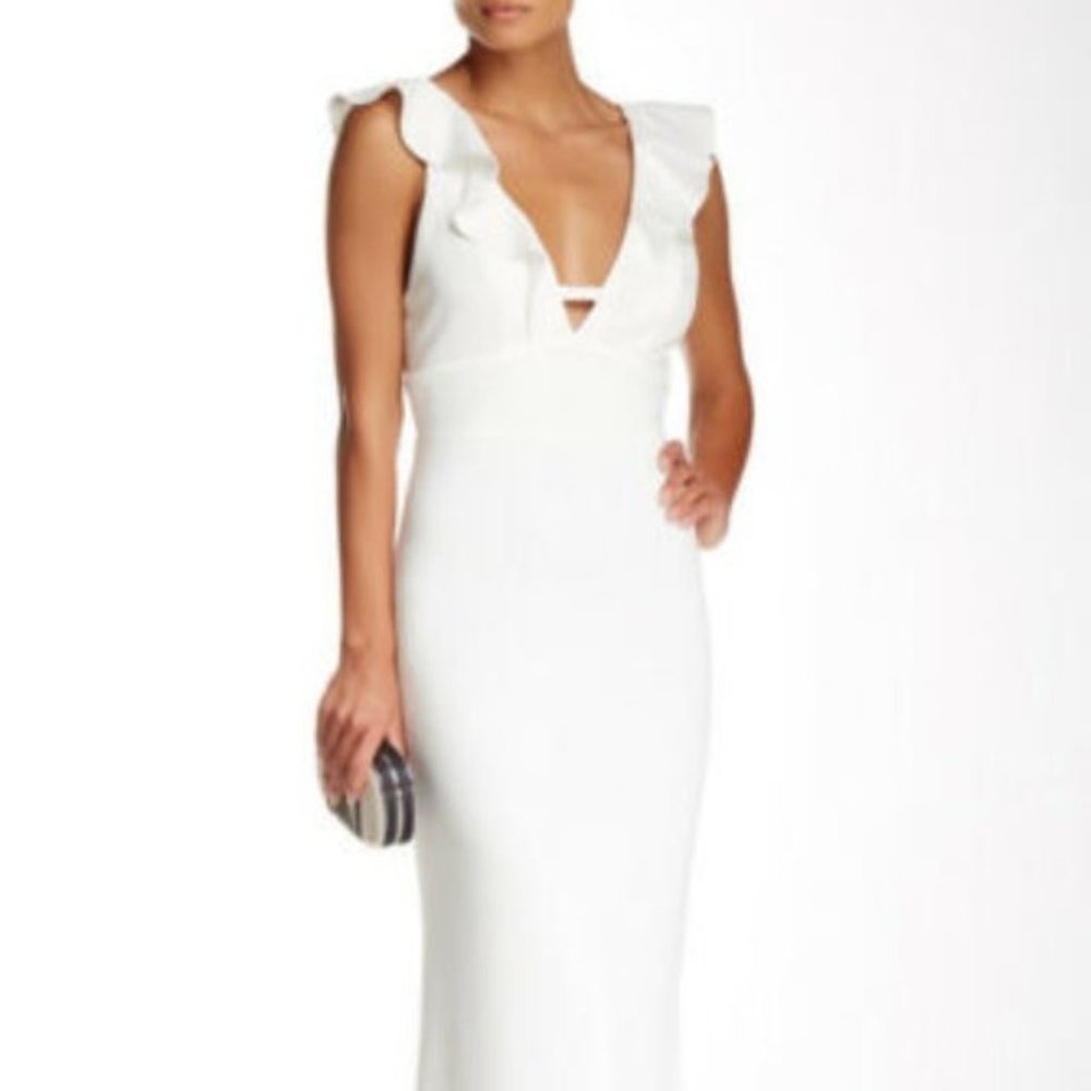 Marina White Deep V Ruffle Formal Dress